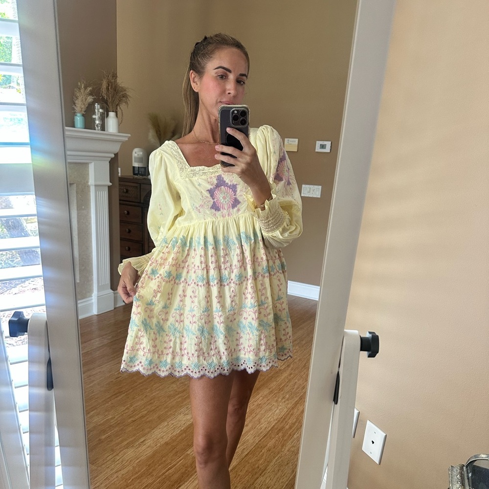 LoveShackFancy Cream Crochet Lace Mini Dress with Lavender Motifs